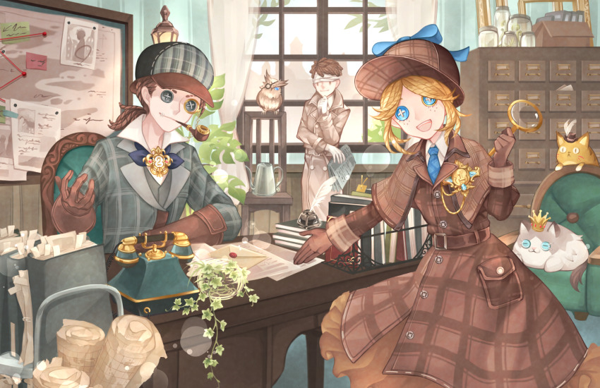 1girl 2boys :d antique_phone armchair bandages bandages_over_eyes beckoning belt belt_buckle bird blonde_hair blue_bow blue_bowtie blue_eyes blue_necktie book book_stack bow bowtie box brooch brown_belt brown_capelet brown_coat brown_gloves brown_hair brown_skirt buckle bulletin_board button_eyes buttons cabinet capelet cardboard_box cat chair closed_mouth coat collared_shirt cowboy_shot curtains deerstalker detective eli_clark eli_clark_(recluse) emma_woods emma_woods_(lady_truth) facial_mark file_cabinet folder freckles gloves grey_headwear grey_jacket grey_vest hand_on_own_chin hat highres holding holding_magnifying_glass holding_newspaper identity_v indoors inkwell ivy jacket jar jewelry lapels lens_flare letter long_sleeves looking_at_viewer low_ponytail magnifying_glass map medium_hair monocle multiple_boys naib_subedar naib_subedar_(mr._inference) necktie nejimaki_oz newspaper notched_lapels official_alternate_costume open_mouth outstretched_arm owl paper parted_bangs phone plaid_capelet plaid_clothes plaid_coat plaid_headwear plaid_jacket plant ponytail popped_collar quill rotary_phone scroll shirt short_hair sidelocks sitting skirt smile smoking smoking_pipe standing table teeth trench_coat upper_body upper_teeth_only vase vest watering_can white_gloves white_shirt window