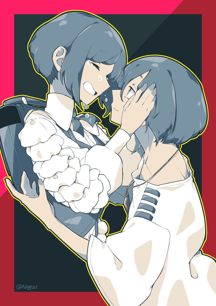 2girls backpack bag blue_eyes blue_hair border closed_eyes collared_shirt commentary_request crying face-to-face frilled_shirt frilled_sleeves frills fukurai_azami hands_on_another&#039;s_face highres hug kisaragi_ayumi long_sleeves looking_at_another multiple_girls nogizi open_mouth outline profile red_border shirt short_hair smile spoilers tears toshi_densetsu_kaitai_center triangle_necklace upper_body yellow_outline