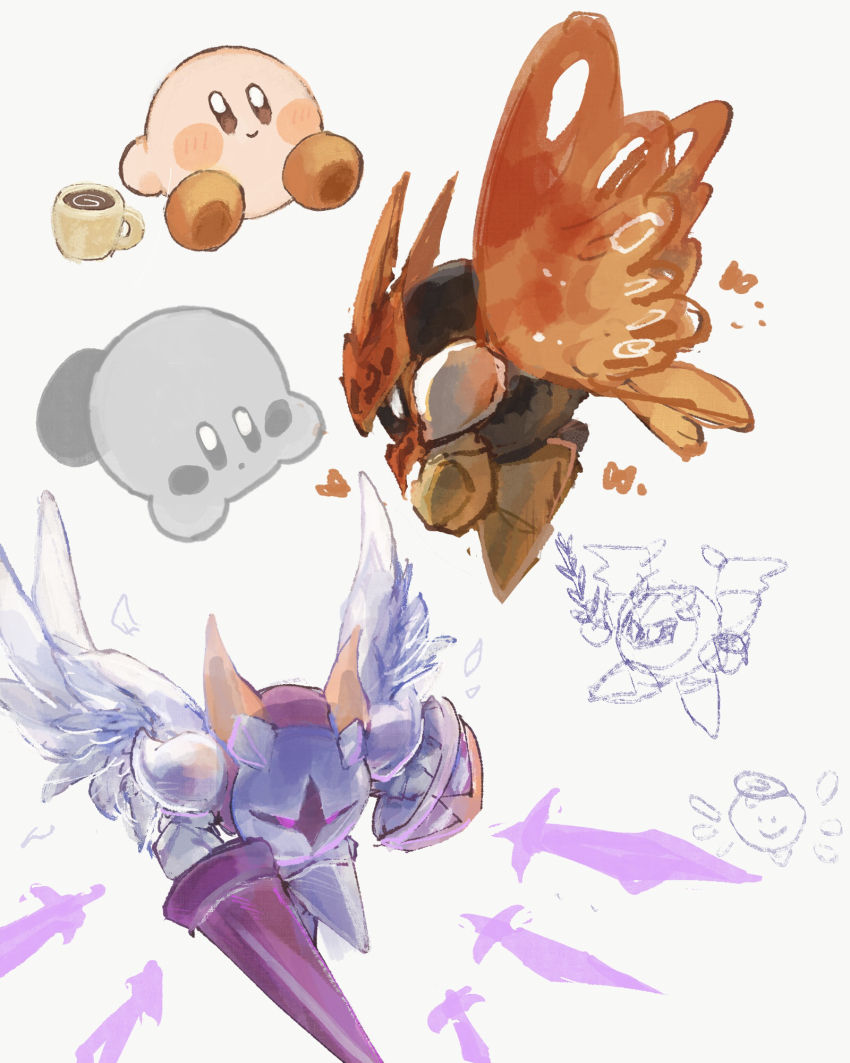 :o angel_wings armor black_eyes black_footwear black_skin blush_stickers butterfly_wings closed_mouth coffee colored_skin commentary_request cup feathered_wings feathers galacta_knight gloves grey_skin harukui highres holding holding_polearm holding_shield holding_weapon horns insect_wings kirby kirby_(series) lance lying meta_knight morpho_knight mug nintendo no_humans on_stomach partially_colored pauldrons pink_skin polearm red_footwear red_wings sabaton shadow_kirby shield shoes shoulder_armor simple_background sitting sketch smile solid_oval_eyes sword weapon white_background white_eyes white_gloves white_mask white_wings wings yellow_horns yellow_shoes zero_two_(kirby)
