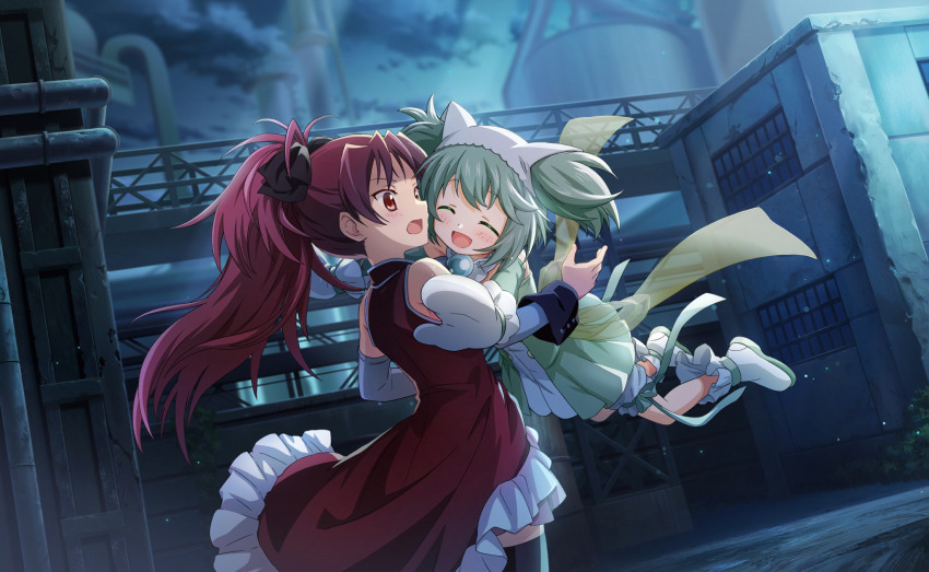 2girls ^_^ animal_ear_headwear animal_ears artist_request back_ribbon bare_shoulders black_bow black_thighhighs black_wrist_cuffs boots bow bow_legwear bowtie buttons cat_ears child chitose_yuma closed_eyes clothing_cutout collared_dress cowboy_shot detached_sleeves dot_nose dress fake_animal_ears fang floating_clothes floating_hair frilled_dress frilled_footwear frilled_gloves frilled_thigh_strap frills game_cg gloves green_bow green_dress green_hair green_ribbon grey_sleeves hair_bow happy headscarf height_difference high_collar highres hug layered_dress light_blush light_particles light_rays long_dress long_hair long_sleeves looking_at_another magical_girl mahou_shoujo_madoka_magica mahou_shoujo_madoka_magica_magia_exedra mahou_shoujo_oriko_magica miniskirt mittens moonlight multiple_girls night official_art open_mouth outdoors pink_skirt pleated_dress pleated_skirt ponytail power_plant red_dress red_eyes red_hair ribbon sakura_kyoko sakura_kyoko_(magical_girl) see-through_ribbon short_dress short_hair short_twintails shoulder_cutout skirt skirt_under_dress sleeveless sleeveless_dress smile surprised thigh_strap thighhighs tsurime twintails very_long_hair white_boots white_bow white_bowtie white_dress white_headscarf white_mittens wrist_cuffs