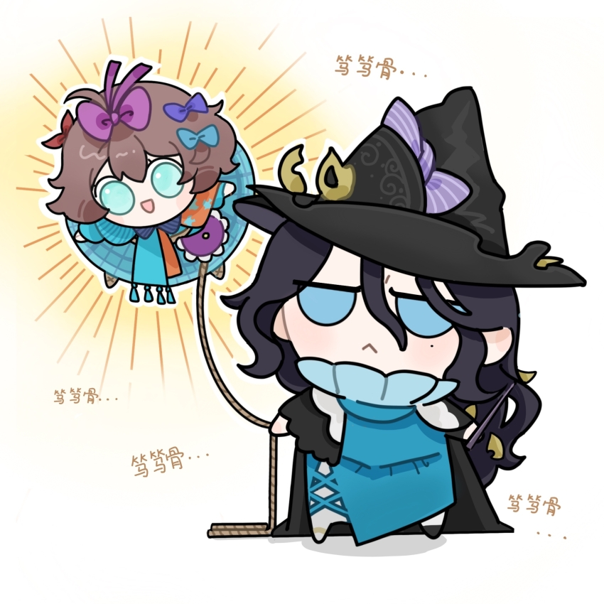 2girls :&lt; :d black_cape black_hair black_hat blue_bow blue_dress blue_eyes blue_scarf bow brown_hair cape character_name chibi dress floating flutterpage full_body hair_between_eyes hair_bow hat highres holding holding_rope holding_wand long_hair looking_at_viewer mole mole_under_eye multiple_girls multiple_hair_bows open_mouth orange_scarf purple_bow qiucaotou reverse:1999 rope scarf smile standing sunburst two-tone_scarf wand white_background willow_(reverse:1999) witch_hat