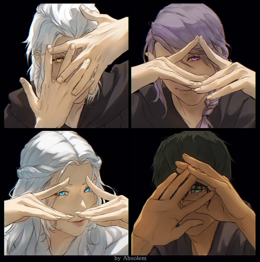 1girl 3boys absolem0 artist_name black_background black_border black_hair blue_eyes border braid emet-selch final_fantasy final_fantasy_xiv green_eyes half_up_braid hermes_(ff14) highres hythlodaeus long_hair looking_at_viewer multiple_boys one_eye_covered own_hands_together peeking_through_fingers portrait purple_eyes purple_hair short_hair smile venat_(ff14) white_hair yellow_eyes