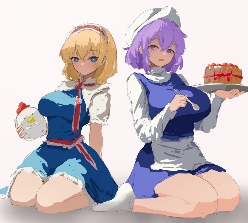 2girls :o alice_margatroid apron bare_legs bird blonde_hair blue_dress breasts bright_pupils cake capelet chicken commentary dated_commentary dress food hair_between_eyes hat highres holding holding_spoon huge_breasts kneeling large_breasts letty_whiterock looking_at_viewer moriforest1040 multiple_girls pinafore_dress purple_hair shirt short_hair simple_background sleeveless sleeveless_dress smile socks spoon thick_thighs thighs touhou white_apron white_capelet white_hat white_pupils white_shirt white_socks