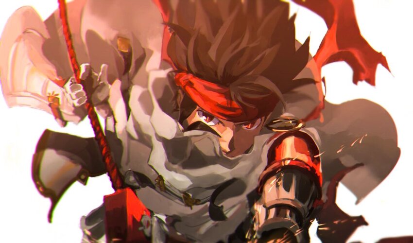 1boy arc_the_lad armor black_hair close-up commentary_request elc_(arc_the_lad) headband imamuu_(imamoon) incoming_attack looking_at_viewer male_focus red_eyes red_headband simple_background solo white_background