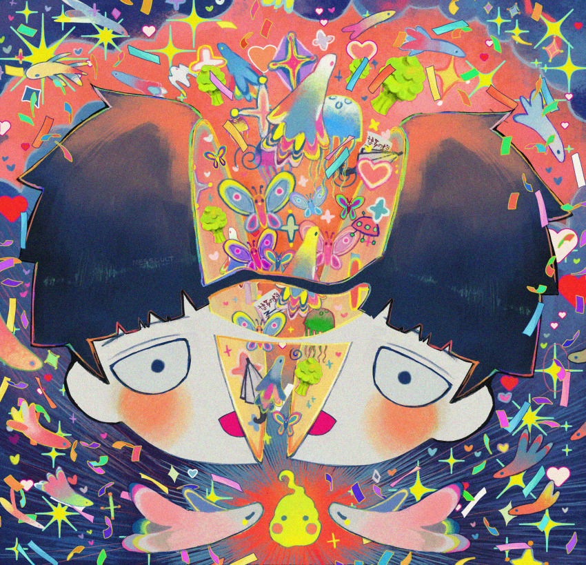 1boy :d album_cover_redraw artist_name black_eyes black_hair blue_background blunt_bangs blush blush_stickers bowl_cut broccoli bug butterfly commentary confetti derivative_work ekubo_(mob_psycho_100) english_commentary film_grain fish heart highres insect jellyfish kageyama_shigeo kikuo looking_at_viewer male_focus messcult mob_psycho_100 open_mouth short_hair signature smile solo_focus sparkle split_head star_(symbol) umbrella