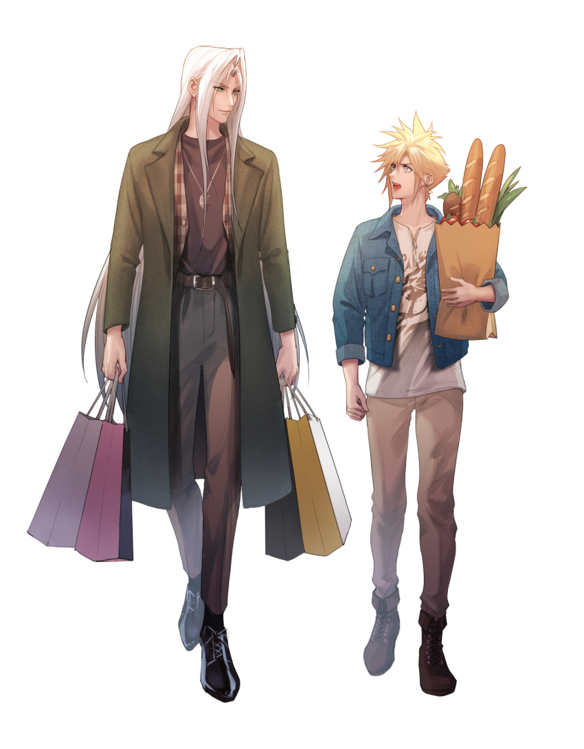 2boys alternate_costume aqua_eyes bag baguette belt belt_buckle black_footwear blonde_hair boots bread brown_belt buckle casual clenched_hand cloud_strife denim denim_jacket earrings eilinna final_fantasy final_fantasy_vii final_fantasy_vii_remake food full_body grey_jacket grey_pants groceries grocery_bag hair_between_eyes highres holding holding_bag jacket jewelry long_bangs long_hair long_jacket long_sleeves looking_at_another male_focus multiple_boys necklace open_mouth pants parted_bangs plaid_clothes plaid_shirt print_shirt sephiroth shirt shopping_bag short_hair single_earring spiked_hair walking white_background white_hair