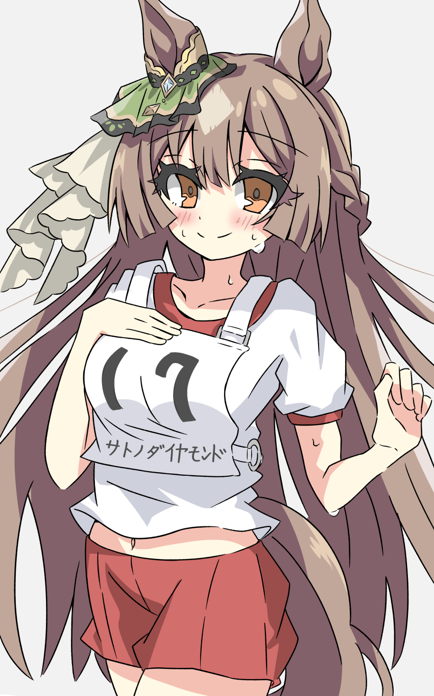 1girl absurdres animal_ears blush bow braid brown_hair ear_ornament ear_ribbon half_up_braid half_updo hand_on_own_chest highres horse_ears horse_girl horse_tail long_hair looking_at_object satono_diamond_(umamusume) smile sweat tail umamusume ziromaru765
