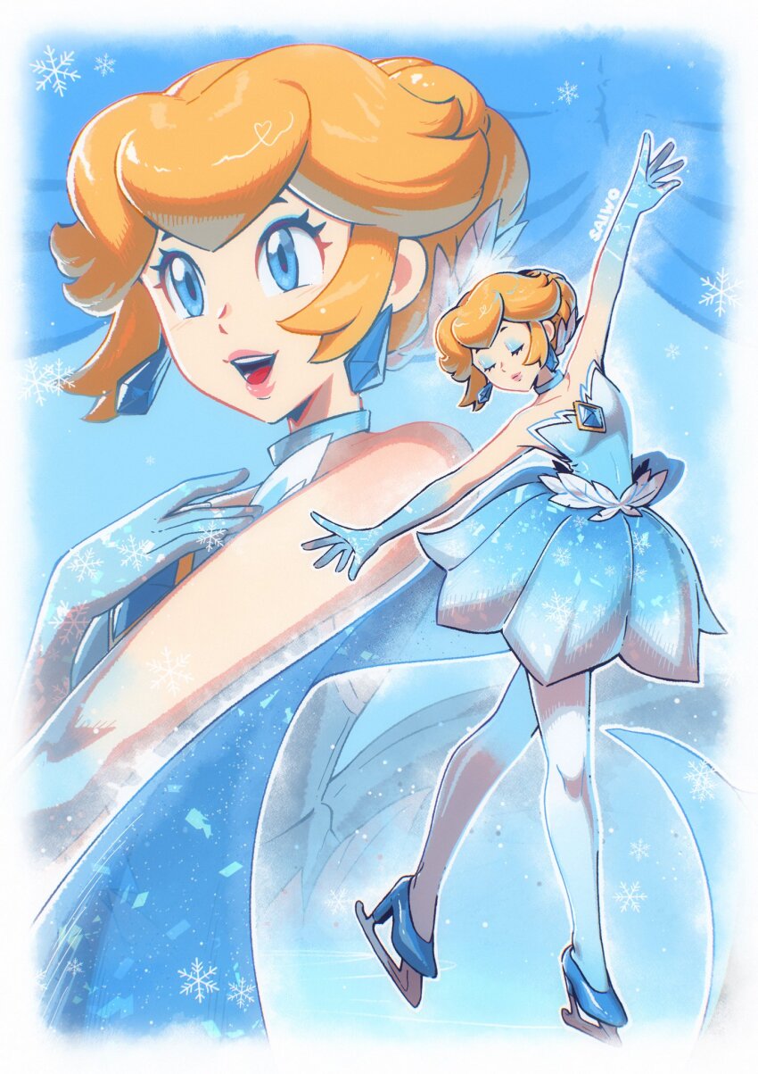 1girl artist_name bare_shoulders blonde_hair blue_choker blue_dress blue_eyes blue_eyeshadow blue_footwear blue_pantyhose choker closed_eyes colored_extremities dress earrings eyeshadow figure_skater_peach gradient_pantyhose highres ice_skates jewelry makeup mario_(series) multiple_views nintendo official_alternate_costume official_alternate_hairstyle pantyhose princess_peach princess_peach:_showtime! saiwo_(saiwoproject) skates strapless strapless_dress white_pantyhose