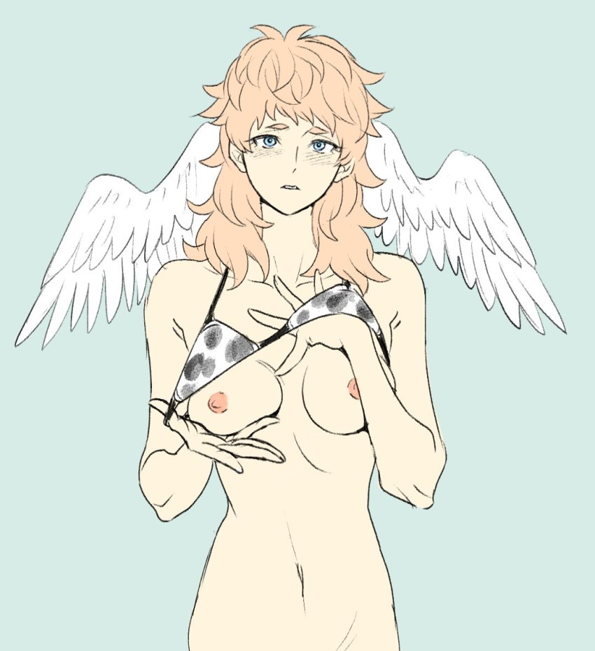 1boy angel angel_boy animal_print blonde_hair blue_eyes blush bra bra_lift breasts cow_print devilman fudou_akio huziqunzi male_focus male_with_breasts satan_(devilman) trap underwear wings