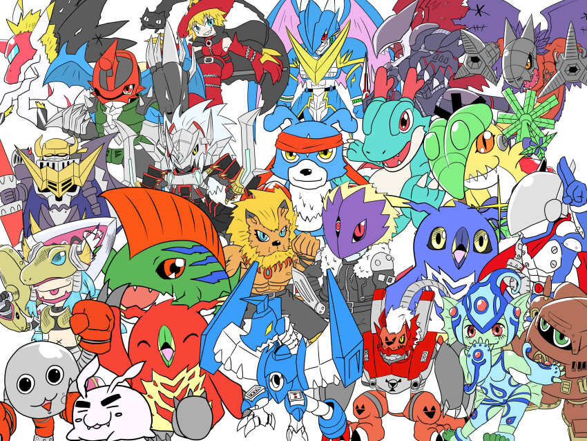absurdres beelzebumon betamon braid covered_eyes cyberdramon darkknightmon digimon digimon_(creature) digital_hazard dracomon frogmon gaioumon gaomon guardromon highres justimon leomon long_hair mailbirdramon mamemon mask megalogrowmon megidramon minervamon muchomon paildramon penmon ranamon scarf tokomon ulforcev-dramon unimon wings witchmon