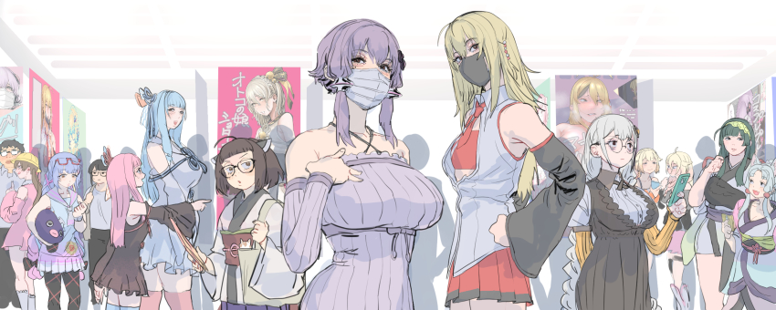 1boy 6+girls ahoge animal_ears bag bags_under_eyes bandeau beads black_dress black_hair blonde_hair blue_hair blunt_bangs blush book breasts brown_eyes brown_hair carrying carrying_under_arm cellphone cevio collared_shirt constricted_pupils convention cosplay covered_mouth crowd detached_sleeves dress eel_hat empire_waist eyewear_on_head fang fat fat_man flirting fox_ears freckles furrowed_brow glasses gradient_hair green_hair green_hairband grey_hair grey_kimono grey_shirt hair_beads hair_flaps hair_ornament hairband half-closed_eyes halter_dress halterneck hand_on_own_chest hat headgear height_difference highres holding holding_book holding_phone holding_unworn_clothes holding_unworn_hat ia_(vocaloid) ia_(vocaloid)_(cosplay) indoors iori_yuzuru japanese_clothes kimono kizuna_akari kizuna_akari_(cosplay) kotonoha_akane kotonoha_akane_(cosplay) kotonoha_aoi kotonoha_aoi_(cosplay) large_breasts layered_sleeves licking_lips long_hair long_sleeves looking_at_another looking_at_viewer mashima_jirou mask mole mole_under_eye mouth_mask multicolored_hair multiple_girls muneate obi obijime one_(cevio) one_(cevio)_(cosplay) opaque_glasses open_clothes open_shirt orange_sleeves original otaku otomachi_una otomachi_una_(cosplay) phone pinafore_dress pink_dress pink_hair pleated_skirt pointing poster_(object) purple_dress purple_hair red_bandeau red_skirt ribbed_dress ribbed_sleeves round_eyewear sash school_hat seductive_smile shirt short_kimono short_over_long_sleeves short_sleeves shoulder_bag skin_fang skirt sleeveless sleeveless_dress sleeveless_shirt small_breasts smartphone smile standing surgical_mask sweatdrop tall_female tongue tongue_out touhoku_itako touhoku_itako_(cosplay) touhoku_kiritan touhoku_kiritan_(cosplay) touhoku_zunko touhoku_zunko_(cosplay) tsukuyomi_ai tsukuyomi_ai_(cosplay) tsurumaki_maki tsurumaki_maki_(cosplay) underbust unworn_hat unworn_headwear v-shaped_eyebrows vocaloid voiceroid watch white_dress wristwatch yuzuki_yukari yuzuki_yukari_(cosplay)
