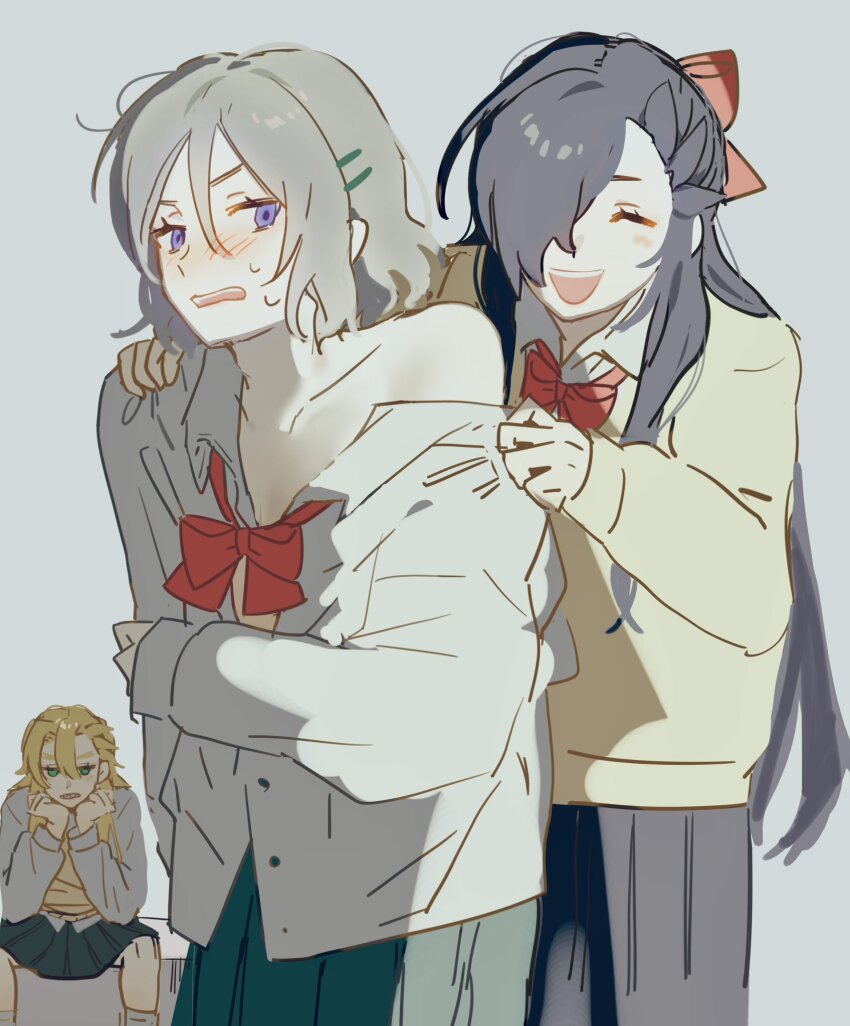 3boys :d ^_^ adjusting_another&#039;s_clothes adjusting_clothes alternate_costume black_hair black_skirt blonde_hair blue_eyes blush bow bowtie cardigan closed_eyes collared_shirt commentary_request crossdressing dressing dressing_another embarrassed garfiel_tinsel green_eyes green_skirt grey_hair hair_between_eyes hair_bow hair_ornament hair_over_one_eye hairclip highres long_hair long_sleeves looking_at_another male_focus mo_so_010 multiple_boys natsuki_subaru natsumi_schwarz open_mouth otto_suewen pleated_skirt re:zero_kara_hajimeru_isekai_seikatsu red_bow school_uniform sharp_teeth shirt short_hair sidelocks simple_background single_bare_shoulder sitting skirt smile spread_legs sweater_vest teeth trap upper_teeth_only very_long_hair white_shirt wing_collar yellow_cardigan yellow_sweater_vest