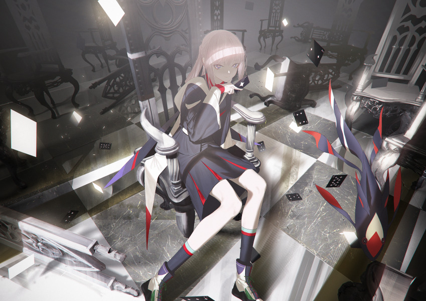 1girl absurdres blue_eyes blue_jacket blue_skirt blue_socks blurry card chair collared_shirt commentary_request day depth_of_field eyeshadow fish floating_card flying_fish hand_on_own_chin highres holding holding_card hood hood_down hooded_jacket hoodie indoors jacket kaf_(kamitsubaki_studio) kamitsubaki_studio laplace_(kamitsubaki_studio) long_hair long_sleeves looking_at_viewer makeup multicolored_eyes multicolored_hoodie multicolored_skirt on_chair pink_hair playing_card pleated_skirt poker ponytail puffy_long_sleeves puffy_sleeves red_eyes red_eyeshadow shirt sitting skirt socks tmt virtual_youtuber yellow_eyes