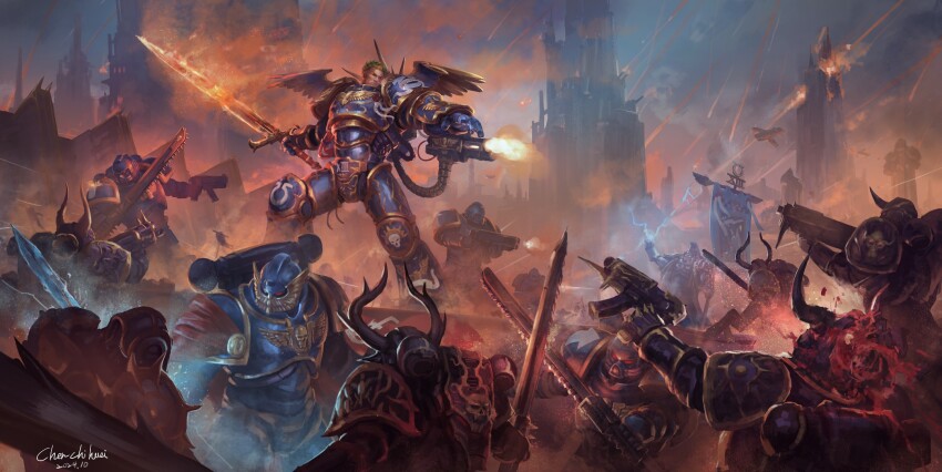2024 adeptus_astartes aircraft airship anti-aircraft anti-aircraft_gun armor artist_name banner battle_standard blonde_hair blood blood_splatter blue_armor bolter cape chainsword chaos_(warhammer) chaos_space_marine chenchihuei commentary dated destruction emperor&#039;s_sword english_commentary fake_horns fire firing flaming_sword flaming_weapon flying gold_trim heavy_bolter helmet highres holding_banner horned_helmet horns imperial_aquila metal_wings ornate_armor primarch red_cape roboute_guilliman roman_numeral short_hair skull skull_ornament storm_bolter tower ultramarines war_banner warhammer_40k weapon