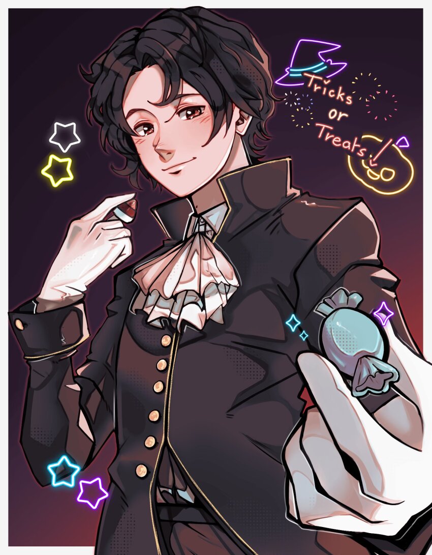 1boy alternate_costume baxter_ward black_coat black_hair border brown_eyes buttons candy coat collared_shirt doodle_inset fireworks food frills gloves hat high_collar highres holding holding_candy holding_food looking_at_viewer male_focus meme neon_lights our_life:_beginnings_and_always out_here_living_my_best_life_(meme) outside_border promotional_art shirt short_hair smile solo sparkle sparkling_eyes star_(symbol) trick_or_treat upper_body whilo_art white_border white_gloves white_shirt witch_hat
