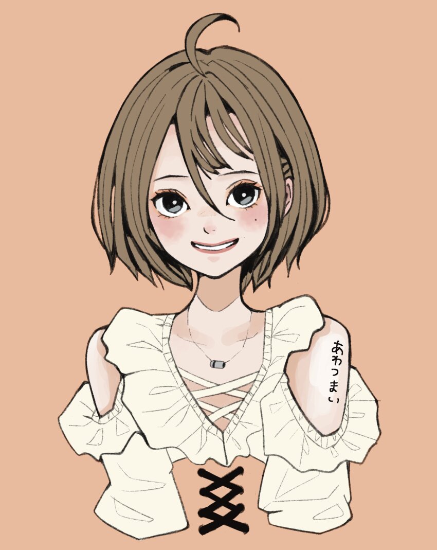 1girl ahoge animification arms_at_sides assault_lily awatsu_mai bare_shoulders black_eyes blush body_writing bright_pupils brown_hair character_name clothing_cutout commentary cosplay cropped_arms cropped_torso cross-laced_clothes grin hair_between_eyes highres jewelry kawamura_yuzuriha kawamura_yuzuriha_(cosplay) long_bangs long_sleeves looking_at_viewer mole mole_under_eye necklace orange_background parted_lips pendant real_life sally_(allogkk) shirt short_hair shoulder_cutout simple_background smile solo translated upper_body voice_actor voice_actor_connection white_pupils white_shirt