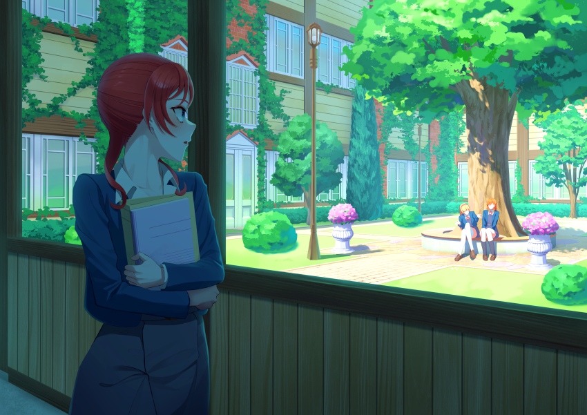 3girls absurdres binder blonde_hair blue_eyes blue_jacket blush book brown_shoes catchu!_(love_live!) commentary_request dress faceless grey_dress grey_socks heanna_sumire highres holding holding_binder holding_book idobata jacket lamppost long_hair long_sleeves looking_at_another looking_to_the_side love_live! love_live!_superstar!! medium_hair multiple_girls neck_ribbon orange_hair parted_lips red_hair red_ribbon ribbon school_uniform shade shibuya_kanon shoes sitting socks solo_focus standing thighhighs tree white_thighhighs window winter_uniform yoneme_mei yuigaoka_school_uniform