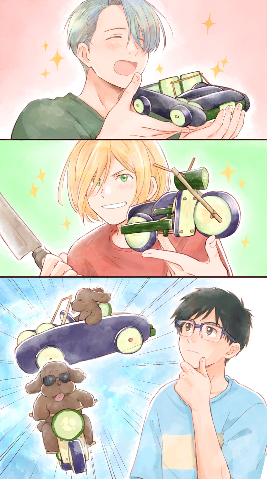 3boys ^_^ black_hair blonde_hair blue-framed_eyewear blush brown_eyes car closed_eyes cucumber dog eggplant glasses green_eyes hand_on_own_chin highres imagining katsuki_yuuri knife makkachin male_focus motor_vehicle motorcycle multiple_boys open_mouth shirt smile sparkle stroking_own_chin sunglasses t-shirt takeshi_(mononohu20) viktor_nikiforov yuri!!!_on_ice yuri_plisetsky