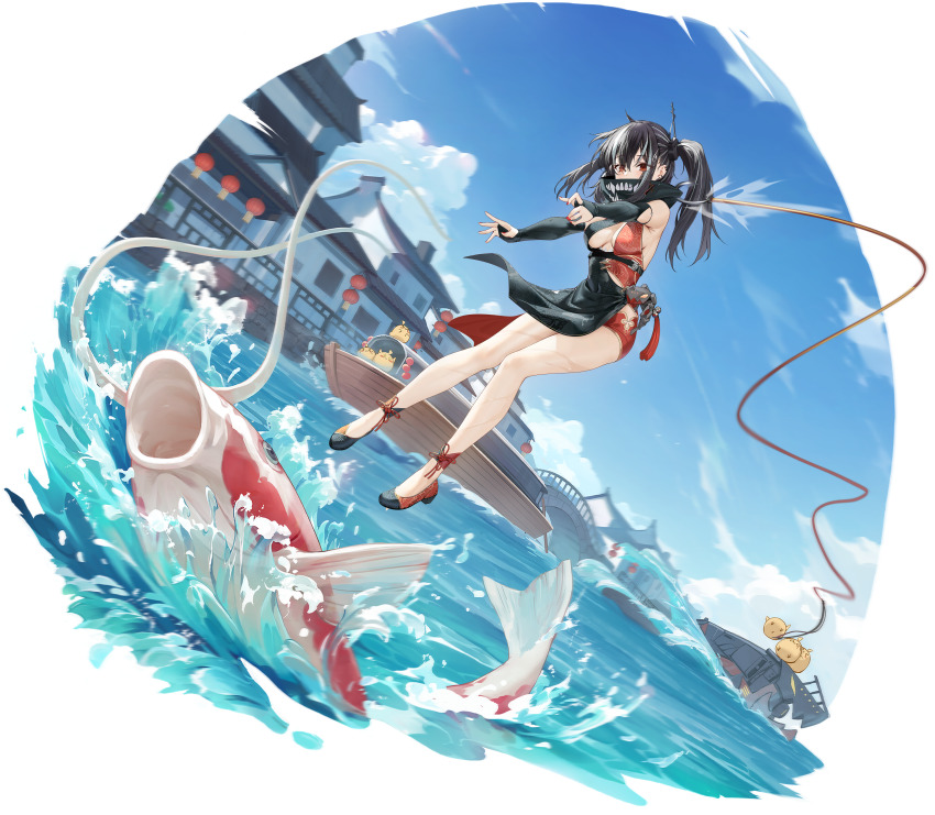 1girl absurdres arch_bridge architecture azur_lane black_hair boat bridge covered_mouth east_asian_architecture multiple_expressions highres koi manjuu_(azur_lane) multicolored_hair non-web_source official_alternate_costume official_art red_eyes river scarf scarf_over_mouth two-tone_hair u-47_(azur_lane) u-47_(hook_line_and_sinker)_(azur_lane) watercraft white_hair