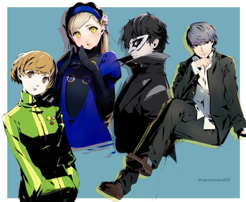 2boys 2girls amamiya_ren black_gloves blue_dress blue_hairband brown_eyes brown_hair butterfly_hair_ornament closed_mouth dress eye_mask gloves grey_hair hair_ornament hairband highres jacket lavenza_(persona_5) long_hair looking_at_viewer multiple_boys multiple_girls nakano_maru narukami_yu open_mouth persona persona_4 persona_5 satonaka_chie school_uniform short_hair smile track_jacket yellow_eyes
