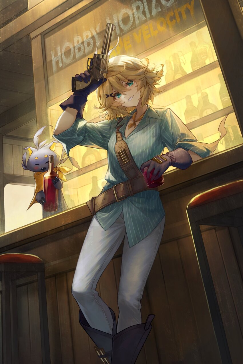 1girl alcohol aqua_eyes aqua_shirt bar_(place) bar_stool belt black_footwear black_gloves blonde_hair bottle brown_belt cartridge cup doki_amber_doge_(dokibird) dokibird_(vtuber) dokibird_(vtuber)_(bounty_hunter) drinking_glass dutch_angle english_text feet_out_of_frame from_below gloves gun hair_ornament hairclip handgun highres holding holding_cup holding_weapon ijac_ray indie_virtual_youtuber indoors leaning_on_table looking_at_viewer medium_hair neckerchief orange_neckerchief pants revolver shirt sleeves_pushed_up smile smoke smoking_barrel solo stool untucked_shirt virtual_youtuber weapon white_pants wine_bottle