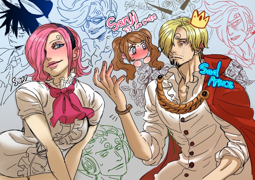 2girls absurdres blonde_hair blue_eyes blush breasts brothers brown_hair cape charlotte_pudding crying crying_with_eyes_open curly_eyebrows dress facial_hair father_and_son flower full-face_blush highres large_breasts monkey_d._luffy multiple_girls one_piece pink_hair pink_lips red_cape rita_ya sanji_(one_piece) short_dress siblings tears twintails vinsmoke_ichiji vinsmoke_judge vinsmoke_niji vinsmoke_reiju vinsmoke_yonji