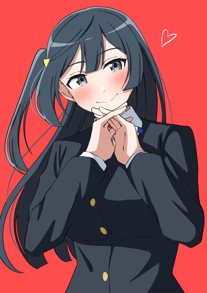 1girl absurdres black_hair black_jacket blush breasts closed_mouth collared_shirt commentary dress_shirt grey_eyes hair_ornament heart highres interlocked_fingers jacket large_breasts long_hair long_sleeves looking_at_viewer love_live! love_live!_nijigasaki_high_school_idol_club neck_ribbon nijigasaki_school_uniform one_side_up own_hands_together red_background red_ribbon ribbon school_uniform shirt simple_background smile solo split_mouth triangle_hair_ornament uchuu_no_mozuku upper_body white_shirt winter_uniform yuki_setsuna