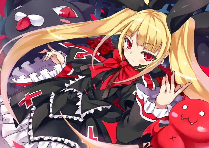 1girl :3 black_dress blazblue blonde_hair blush bow cat creature dress expressionless frills gii kiyoichi kiyoichi_(acacia_soukyoukai) long_hair nago rachel_alucard red_eyes ribbon twintails