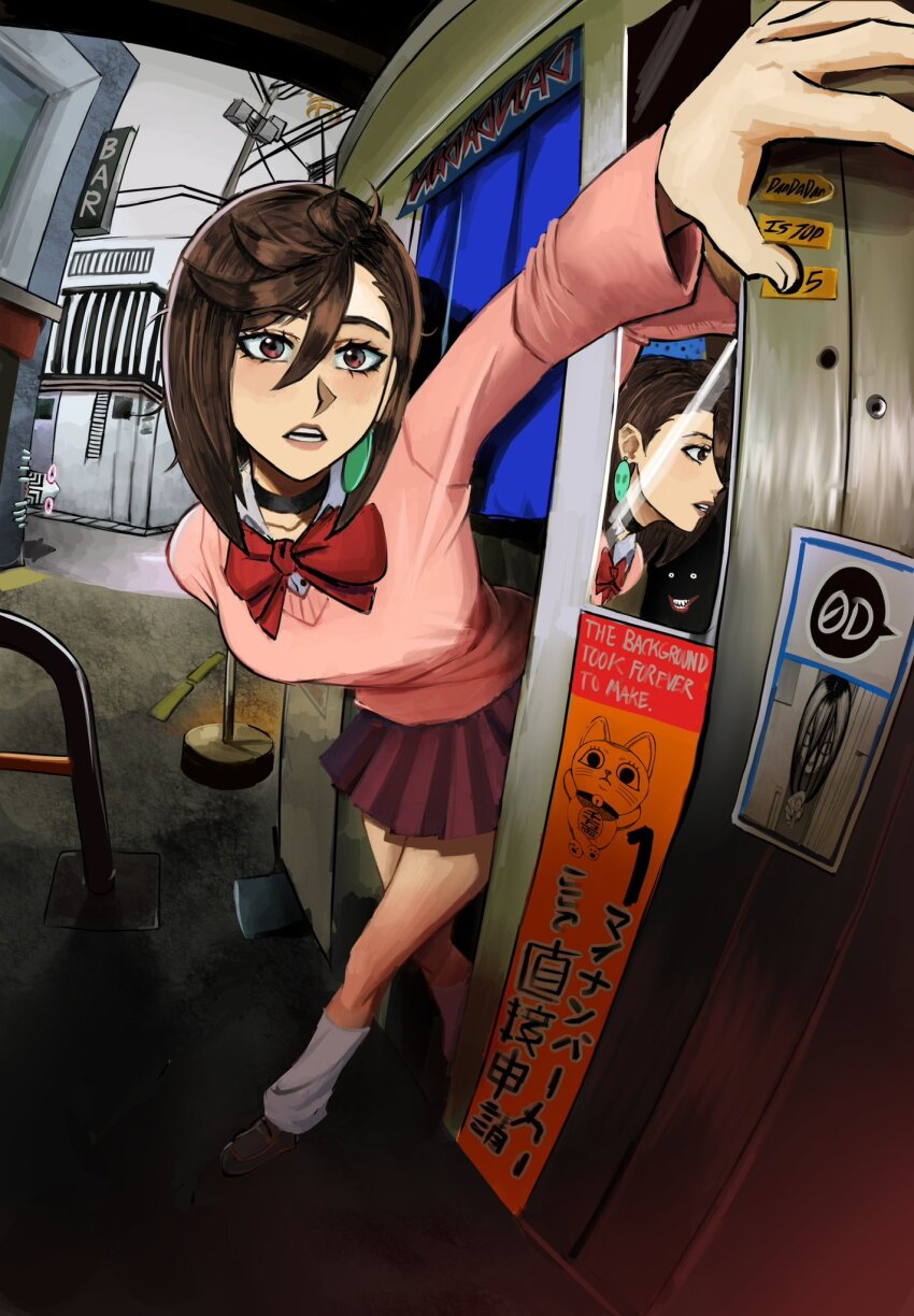 1girl ayase_momo black_choker blue_skirt blush bow bowtie breasts brown_eyes brown_hair building chaosoded choker collared_shirt commentary dandadan earrings english_commentary full_body hair_between_eyes highres jewelry kami_high_school_uniform leaning_forward long_sleeves medium_breasts miniskirt open_mouth pink_lips pink_sweater pleated_skirt red_bow red_bowtie reflection school_uniform shirt short_hair skirt socks solo standing sweater turbo_granny_(dandadan) white_shirt white_socks