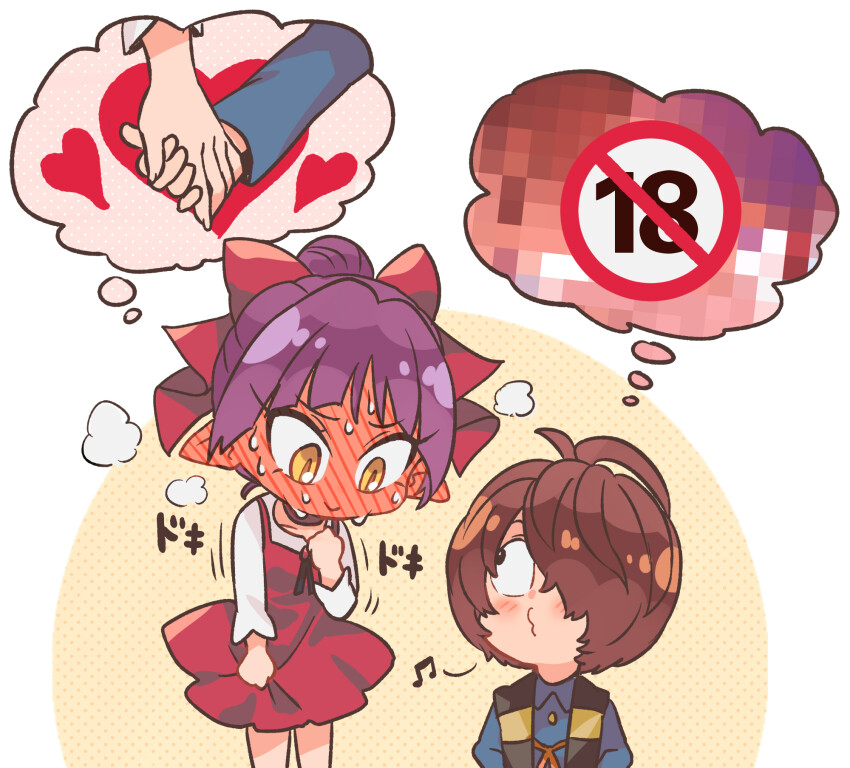 1boy 1girl another_ship_dynamic_i_enjoy_(meme) blush brown_hair censored commentary_request embarrassed full-face_blush gegege_no_kitarou hair_over_one_eye height_difference hetero highres holding_hands kitarou meme mosaic_censoring nekomusume nekomusume_(gegege_no_kitarou_6) o3o purple_hair short_hair silanduqiaocui speech_bubble sweat thought_bubble whistle yellow_eyes