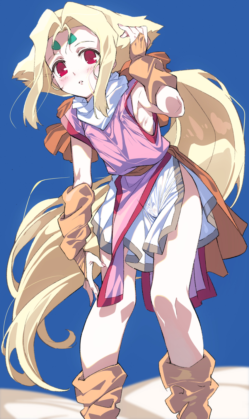1girl arm_up armpits blonde_hair blush breasts bridal_gauntlets cameltoe covered_erect_nipples facial_mark fiona_(zoids) forehead forehead_mark gloves groin hand_on_own_head highres kneehighs leaning_forward long_hair niko_(tama) no_bra no_panties open_mouth orange_gloves orange_socks pelvic_curtain pink_shirt ponytail red_eyes shirt side_slit skirt small_breasts socks solo thighs very_long_hair white_skirt zoids