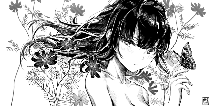 1girl 2022 black_hair bug butterfly collarbone expressionless floating_hair flower hair_between_eyes hatching_(texture) highres insect linear_hatching long_hair looking_at_viewer lynus monochrome naoko_(lynus) nude original signature solo