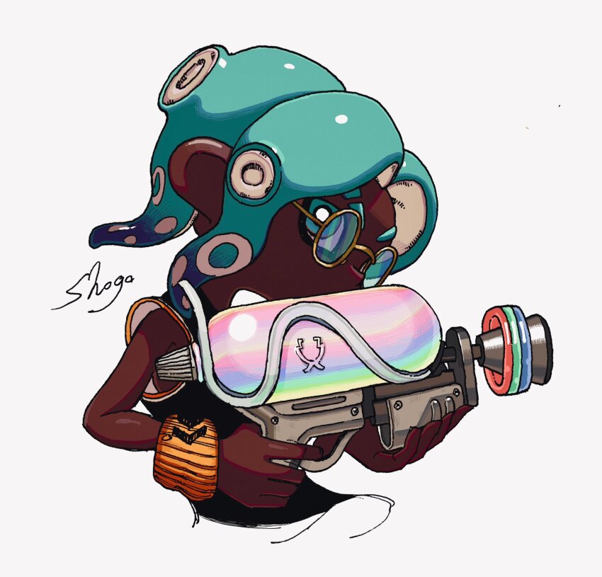 1boy aqua_eyes aqua_hair artist_name bright_pupils commentary_request dark-skinned_male dark_skin eyebrow_cut glasses gun highres holding holding_gun holding_weapon male_focus medium_hair nintendo octoling octoling_boy octoling_player_character round_eyewear shogo_(shogo70449442) signature simple_background solo splatoon_(series) splatoon_3 splattershot_(splatoon) tentacle_hair thick_eyebrows very_dark_skin weapon white_background white_pupils