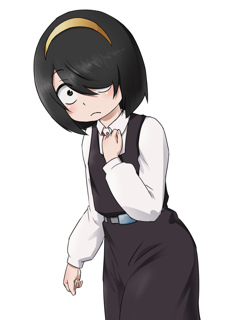 1girl black_hair frown hair_over_one_eye hairband hand_up highres jijou_wo_shiranai_tenkousei_ga_guigui_kuru. long_bangs long_sleeves looking_at_viewer lou_(battle32) medium_hair nishimura_akane school_uniform solo transparent_background white_eyes yellow_hairband