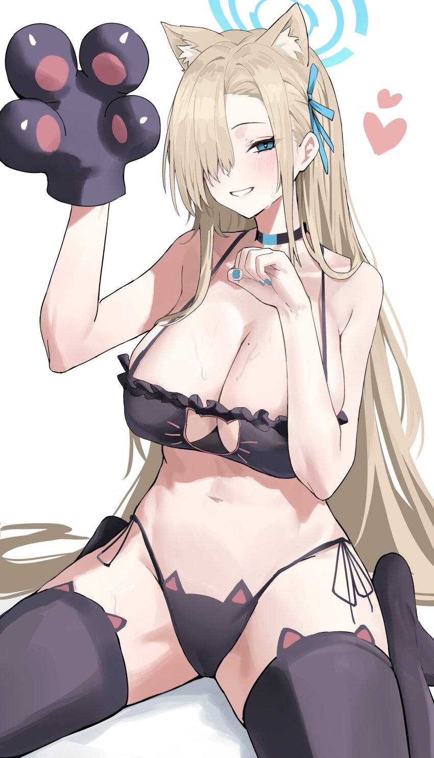 1girl absurdres alternate_costume animal_ear_fluff animal_ears asuna_(blue_archive) bare_arms bare_shoulders black_bra black_choker black_panties black_thighhighs blonde_hair blue_archive blue_eyes blue_nails blue_ribbon blush bra breasts cat_ears cat_girl cat_lingerie cat_paw choker cleavage commentary grin hair_over_one_eye hair_ribbon highres huge_breasts kneeling long_hair looking_at_viewer meme_attire navel official_alternate_hairstyle panties paw_pose ribbon sidelocks smile solo stomach thighhighs underwear yuku~