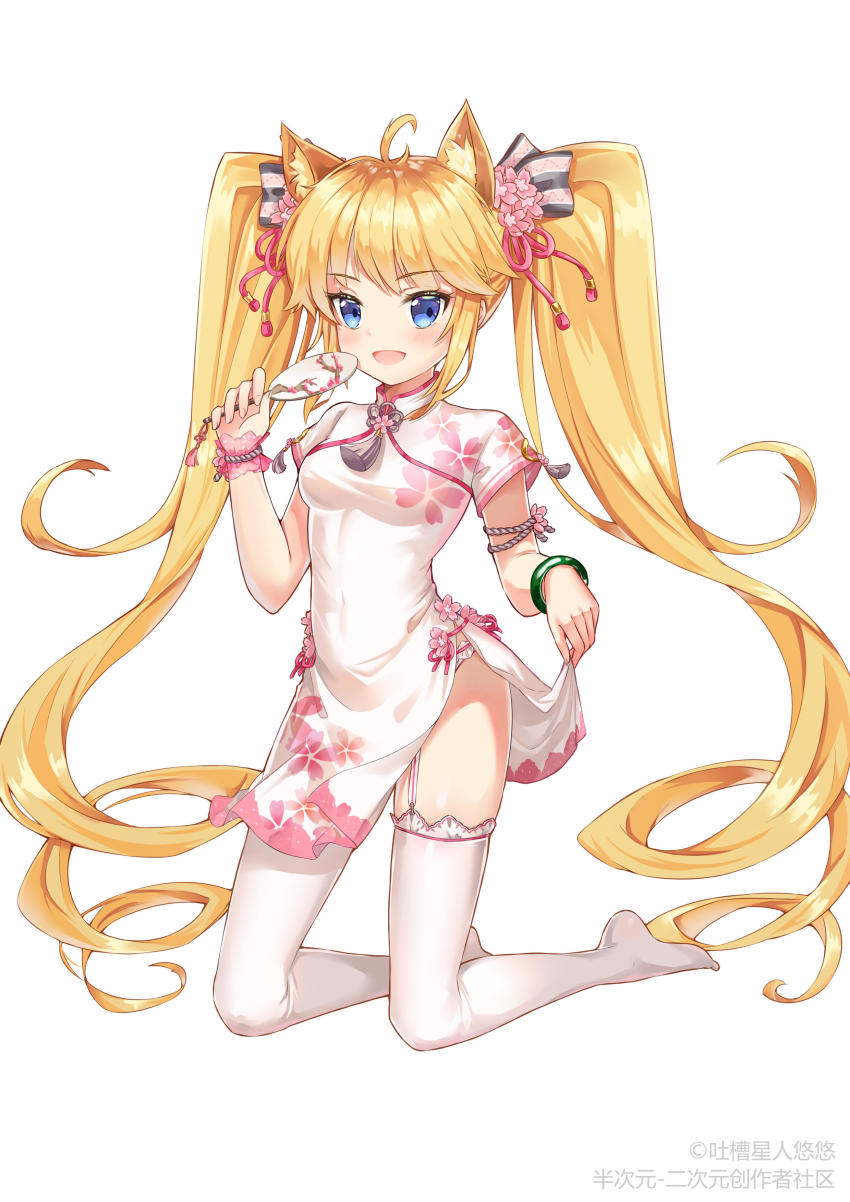 1girl absurdres andrea_doria_(warship_girls_r) animal_ears blonde_hair blue_eyes blush breasts cat_ears chinese_text female_focus full_body hair_ornament hand_fan highres kneeling long_hair looking_at_viewer no_shoes skirt_hold small_breasts solo table thighhighs traditional_chinese_text twintails warship_girls_r
