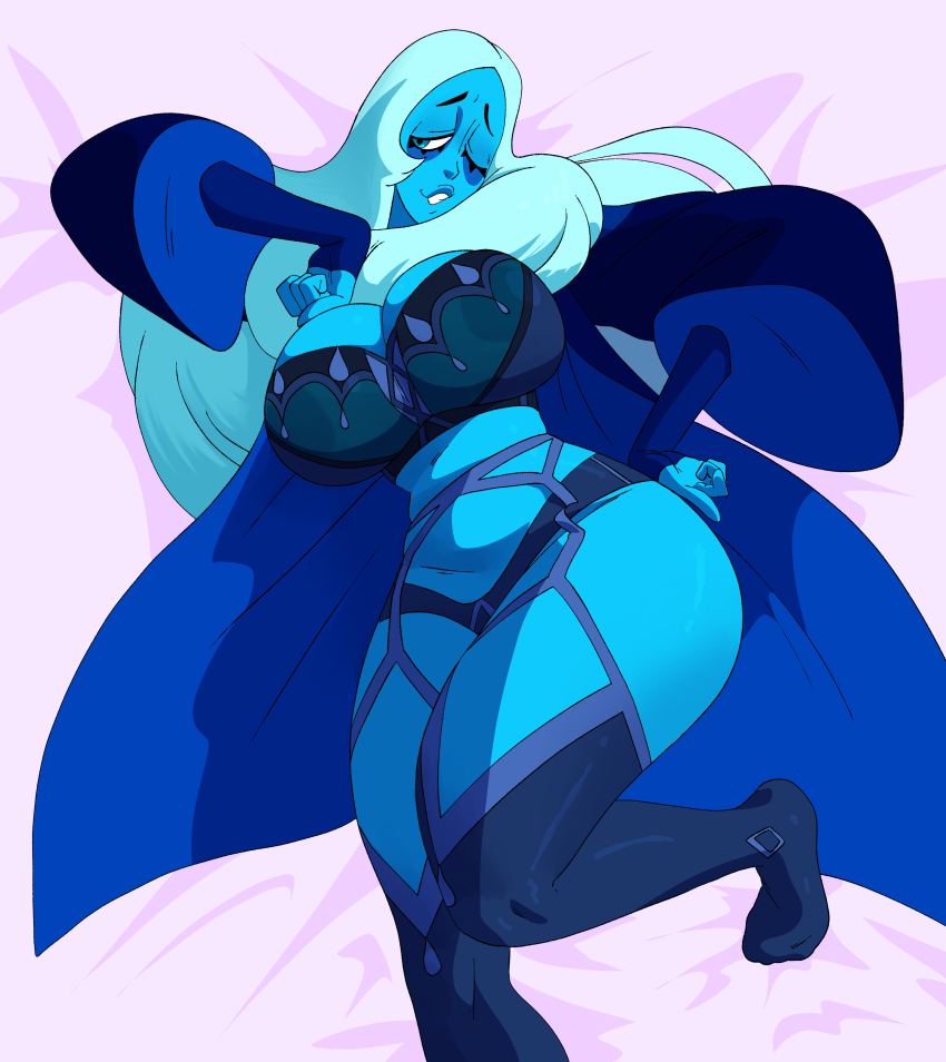 1girl absurdres alien blue_diamond_(steven_universe) blue_eyes blue_hair blue_robe blue_skin blue_thighhighs bra breasts colored_skin feet hand_on_own_hip highres huge_breasts inker_comics lingerie long_hair long_sleeves one_eye_closed open_clothes open_robe panties robe simple_background solo steven_universe thick_lips thighhighs thighs underwear wide_hips