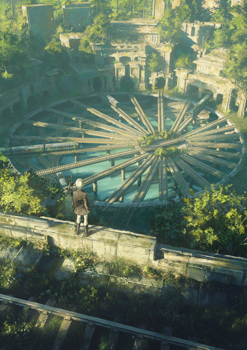 1boy absurdres from_behind gyoukan_(jfxc) highres original railroad_tracks ruins scenery standing tree