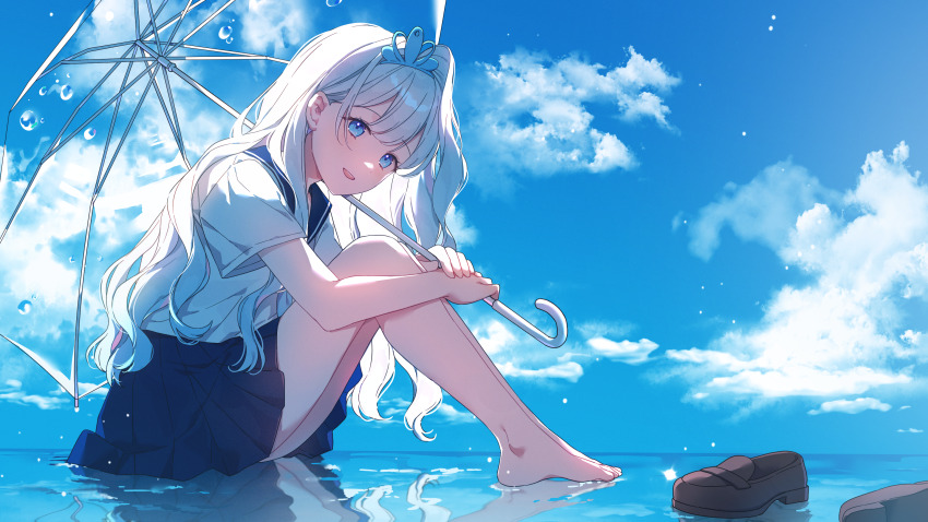 1girl :d ass bare_legs barefoot blue_eyes blue_sailor_collar blue_skirt blue_sky brown_shoes clip_studio_paint_(medium) cloud cloudy_sky commission copyright_request full_body grey_hair hair_intakes headpiece highres holding holding_umbrella hugging_own_legs loafers long_hair looking_at_viewer open_mouth pleated_skirt reflection sailor_collar school_uniform serafuku shirt shoes short_sleeves sika sitting sitting_on_liquid skirt sky smile solo transparent transparent_umbrella umbrella very_long_hair water white_shirt