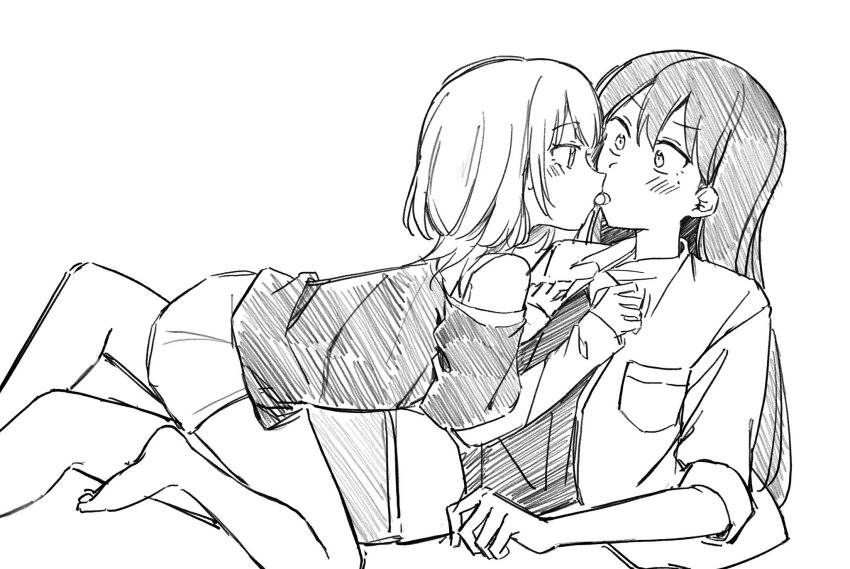 2girls bang_dream! bang_dream!_it&#039;s_mygo!!!!! barefoot blush clothes_grab commentary french_kiss greyscale hashtag-only_commentary highres jenjen kaname_raana kiss long_hair medium_hair mole mole_under_eye monochrome multiple_girls off-shoulder_shirt off_shoulder shiina_taki shirt shirt_grab shorts sleeves_rolled_up wolf_cut yuri