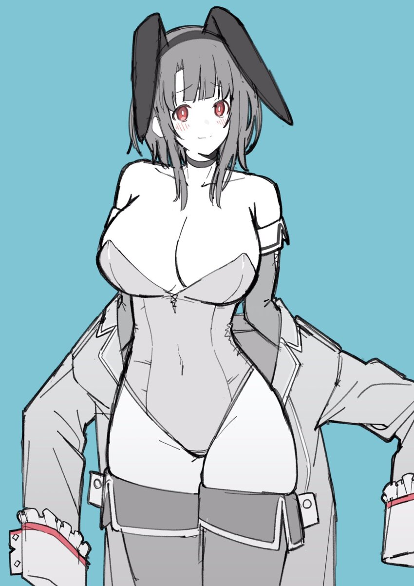 1girl animal_ears blue_background blush breasts choker cleavage closed_mouth commentary_request elbow_gloves fake_animal_ears gloves greyscale_with_colored_background highres jacket kamotsu kantai_collection large_breasts leotard looking_at_viewer monochrome off_shoulder open_clothes open_jacket playboy_bunny rabbit_ears short_hair simple_background sleeves_past_wrists solo spot_color takao_(kancolle) thighhighs