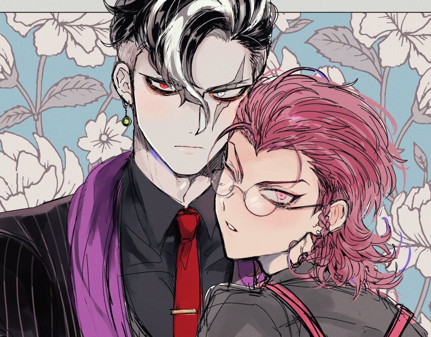 2boys black_hair black_shirt braid closed_mouth collared_shirt commentary_request danganronpa_(series) danganronpa_2:_goodbye_despair earrings flower hair_between_eyes heterochromia jacket jewelry joonoyuki leaf male_focus medium_hair multiple_boys one_eye_closed parted_lips piercing pink_eyes pink_hair plant purple_scarf rimless_eyewear round_eyewear scar scar_across_eye scar_on_face scarf shirt short_hair side_braid single_braid single_earring soda_kazuichi striped_clothes striped_jacket suspenders tanaka_gundham upper_body vertical-striped_clothes vertical-striped_jacket white_hair widow&#039;s_peak wing_collar