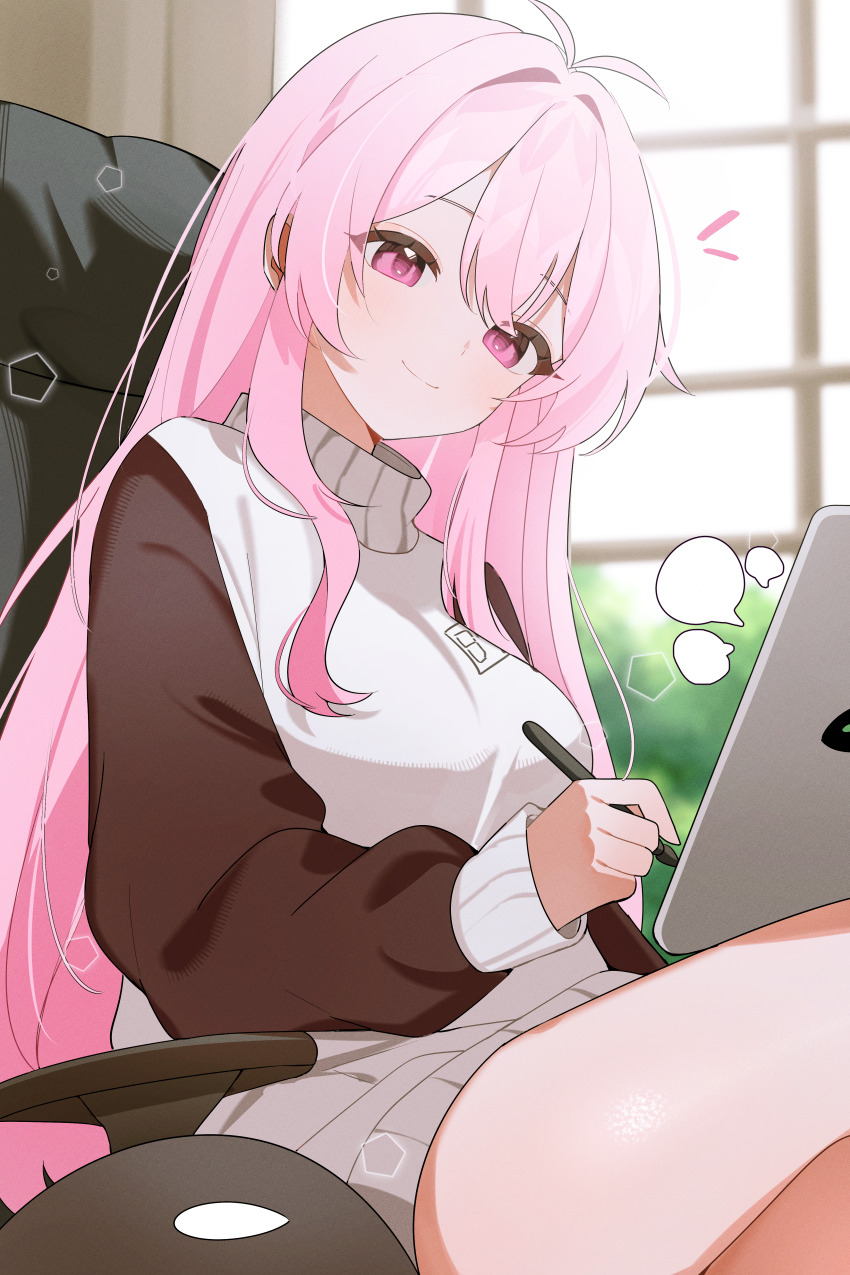 1girl absurdres antenna_hair baggy_clothes bare_legs chair commentary from_below hair_between_eyes half-closed_eyes highres holding holding_stylus holding_tablet_pc indoors long_hair looking_at_viewer mumble_(shachimu) notice_lines office_chair orca original oversized_sweater pink_eyes pink_hair shusuchii sidelocks sitting sleeves_past_wrists smile speech_bubble stuffed_animal stuffed_toy stylus sweater swivel_chair symbol-only_commentary tablet_pc tree turtleneck turtleneck_sweater two-tone_sweater very_long_hair window