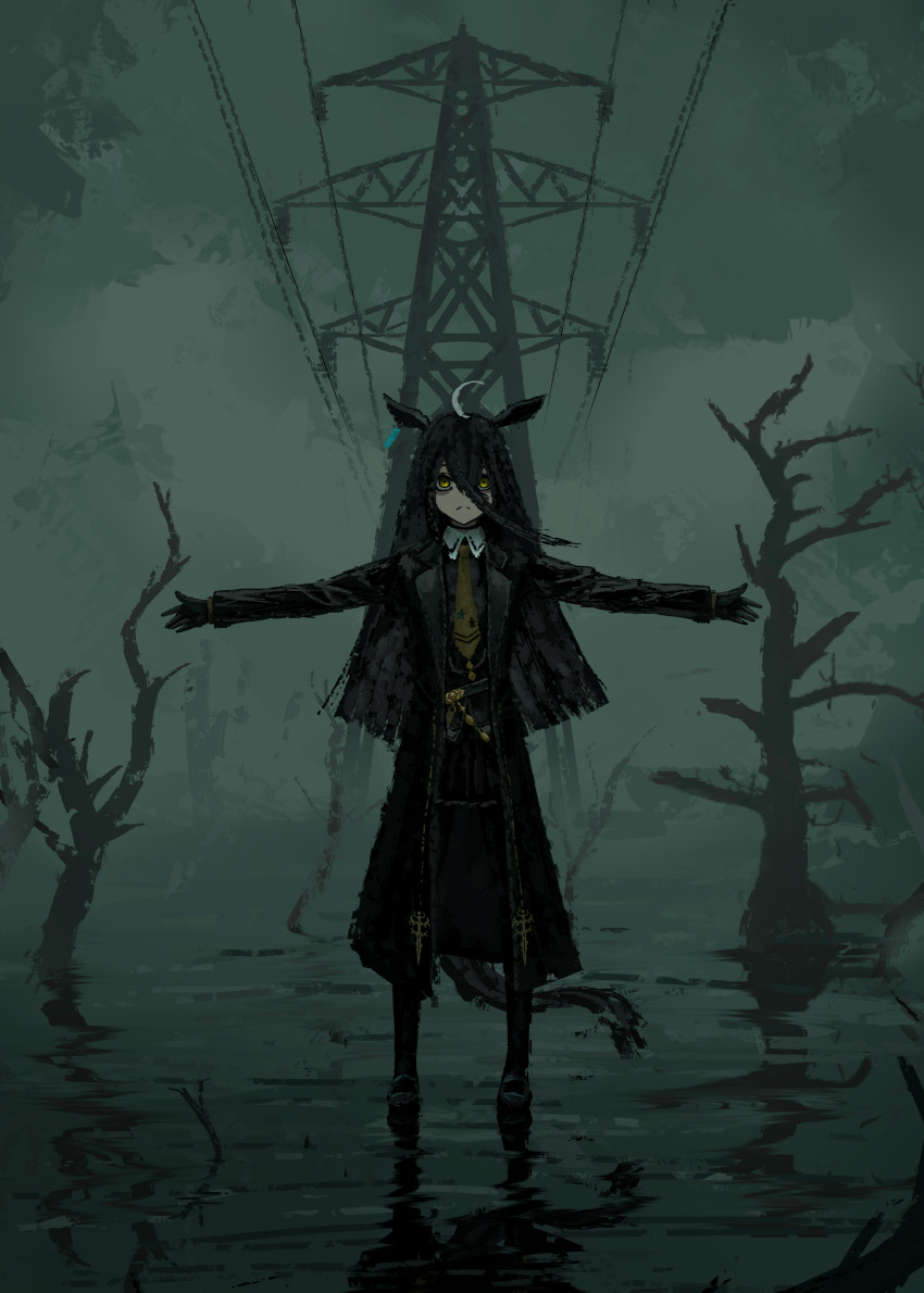 1girl absurdres animal_ears arms_up bare_tree belt black_belt black_coat black_gloves black_hair black_pantyhose black_shirt black_skirt coat collared_shirt contrast_collar dog gloves hair_between_eyes highres horse_ears horse_girl horse_tail long_hair long_hair_between_eyes long_sleeves manhattan_cafe_(creeping_black)_(umamusume) manhattan_cafe_(umamusume) multicolored_hair necktie outdoors pantyhose shirt skirt solo tail thefatum transmission_tower tree umamusume very_long_hair wading white_hair yellow_necktie