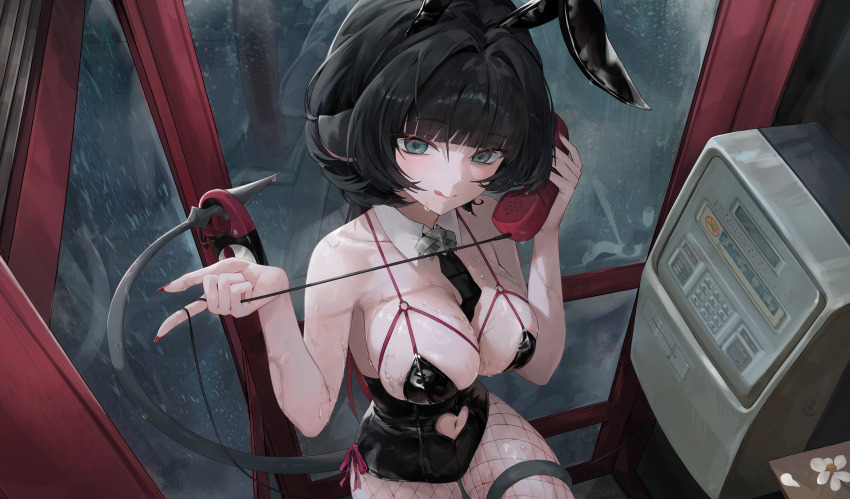 1girl :q absurdres alternate_costume animal_ears between_breasts black_hair black_necktie breasts cleavage clothing_cutout commentary_request fake_animal_ears fishnet_pantyhose fishnets flower green_eyes heart_cutout highres holding holding_phone jane_doe_(zenless_zone_zero) large_breasts long_hair looking_at_viewer malsuk mouse_ears mouse_tail navel_cutout necktie necktie_between_breasts pantyhose phone phone_booth playboy_bunny rabbit_ears rain red_hair solo sweat tail thighs tongue tongue_out white_flower zenless_zone_zero