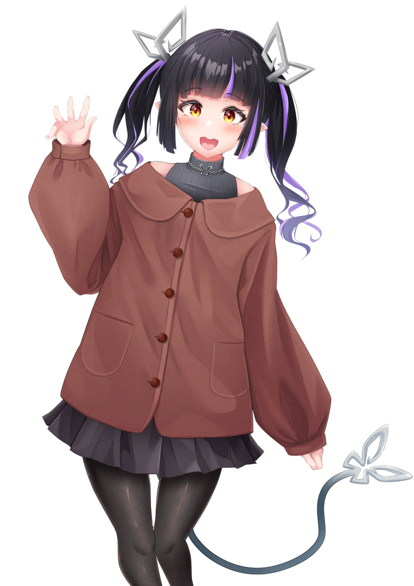 1girl absurdres alternate_costume black_dress black_hair black_pantyhose blunt_bangs blush brown_coat buttons coat commentary_request demon_girl demon_horns demon_tail dress feet_out_of_frame highres horns jewelry kojo_anna long_hair long_sleeves looking_at_viewer multicolored_hair nanashi_inc. necklace open_mouth pantyhose pocket pointy_ears purple_hair robou_no_stone simple_background sleeveless sleeveless_dress sleeves_past_wrists smile solo tail transparent_background twintails two-tone_hair virtual_youtuber waving yellow_eyes