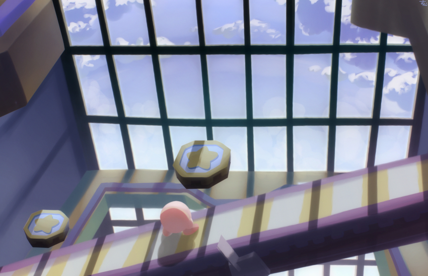 blue_sky cloud day from_behind highres indoors kirby kirby_(series) kirby_and_the_forgotten_land nintendo no_humans platform shadow sky standing star_(symbol) suyasuyabi window