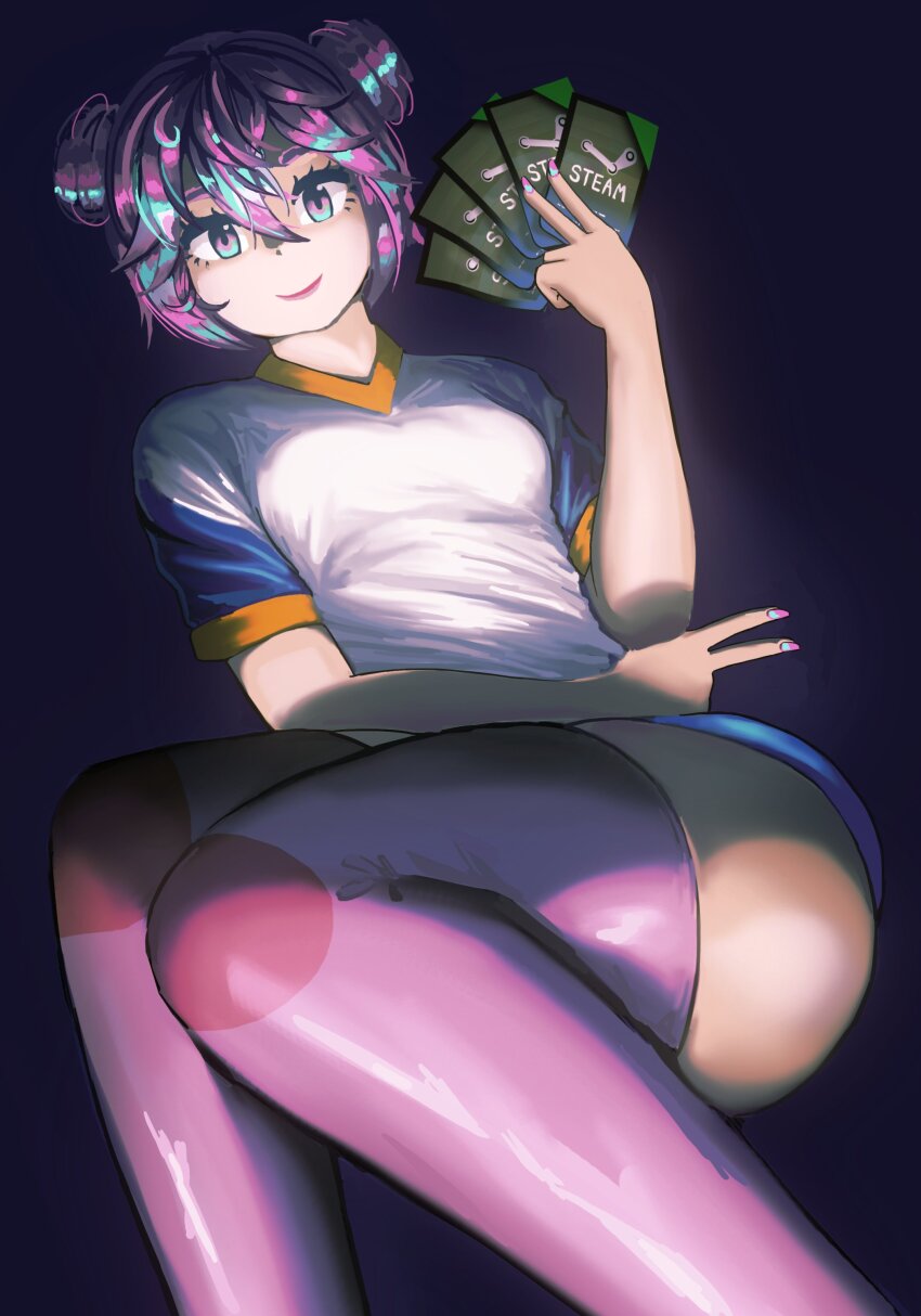 1girl ass bheismarque breasts holding looking_at_viewer multicolored_hair shirt small_breasts smile steam_(platform) steam_delivery_girl thick_thighs thighhighs thighs two-tone_hair v