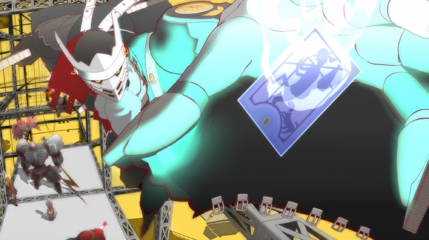 atlus belt buckle card close-up coat electricity gomi_kushige himiko_(persona_4) izanagi_(persona_4) jiraiya_(persona_4) kintoki-douji konohana_sakuya_(persona) looking_at_viewer mask outstretched_hand persona persona_4 perspective sukuna_hikona take-mikazuchi tarot tarot_card tomoe_(persona_4) yellow_eyes