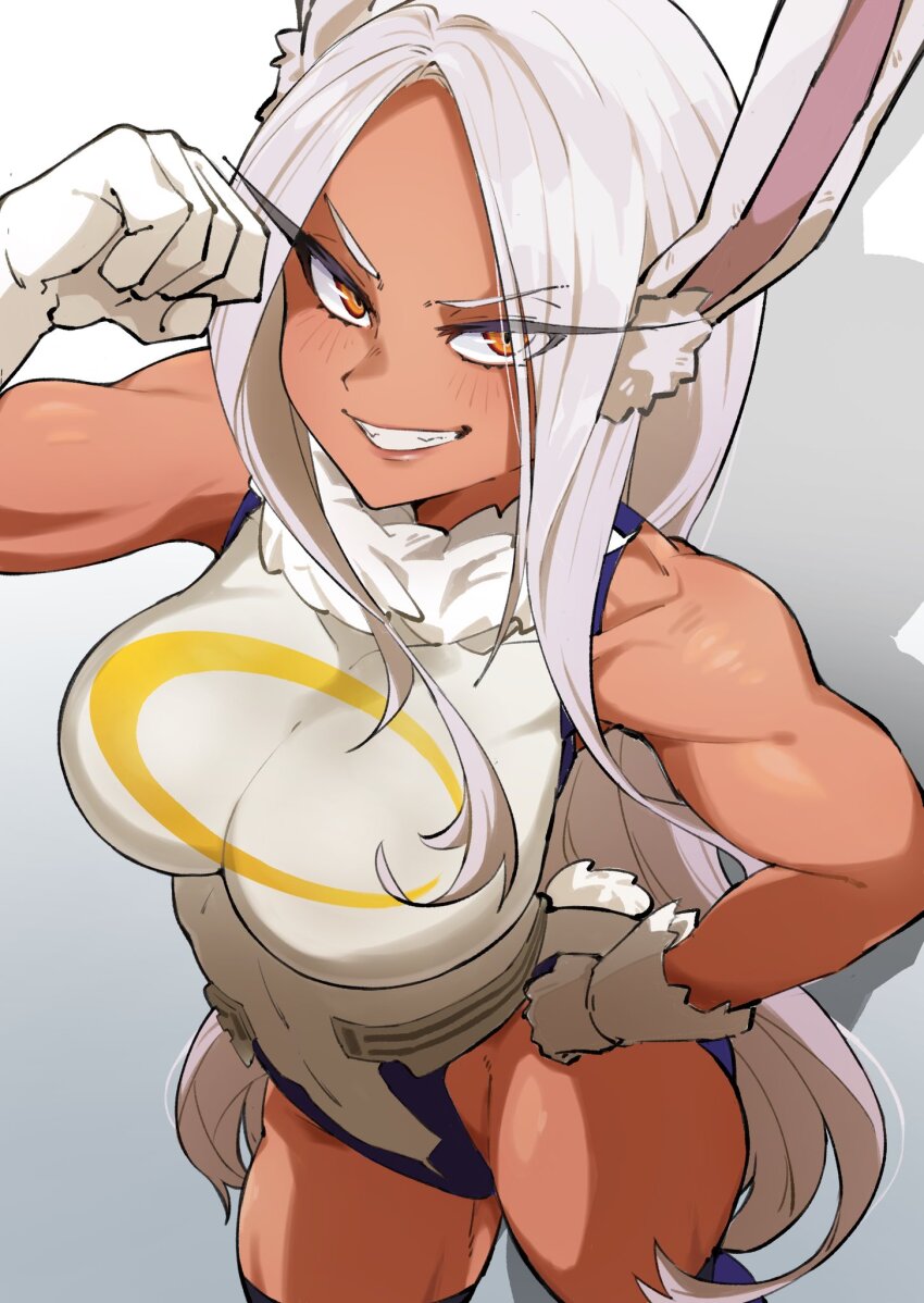 1girl animal_ears bare_shoulders boku_no_hero_academia breasts clenched_hand clothing_cutout covered_collarbone covered_navel crescent_print dark-skinned_female dark_skin fur_collar gloves grin hand_on_own_hip hand_up highleg highleg_leotard highres large_breasts leotard long_eyelashes long_hair looking_at_viewer mirko parted_bangs purple_thighhighs rabbit_ears rabbit_girl rabbit_tail rarumi9 red_eyes shadow sleeveless_turtleneck_leotard smile solo tail tail_through_clothes taut_leotard thighhighs thighs toned toned_female very_long_hair white_gloves white_hair white_leotard